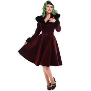 CALLIE COLLECTIF QUILTED VELVET SWING COAT IN WINE - PINUP / UK SZ 8 - US SZ 4